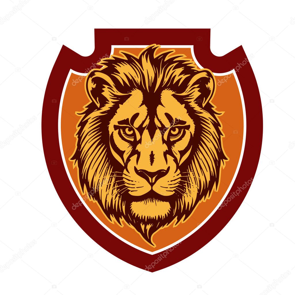 Majestic Lion Shield - Warrior Emblem. Lion Head Heraldic Shield - Mascot Emblem. Lion Head Logo - Shield Badge Concept.