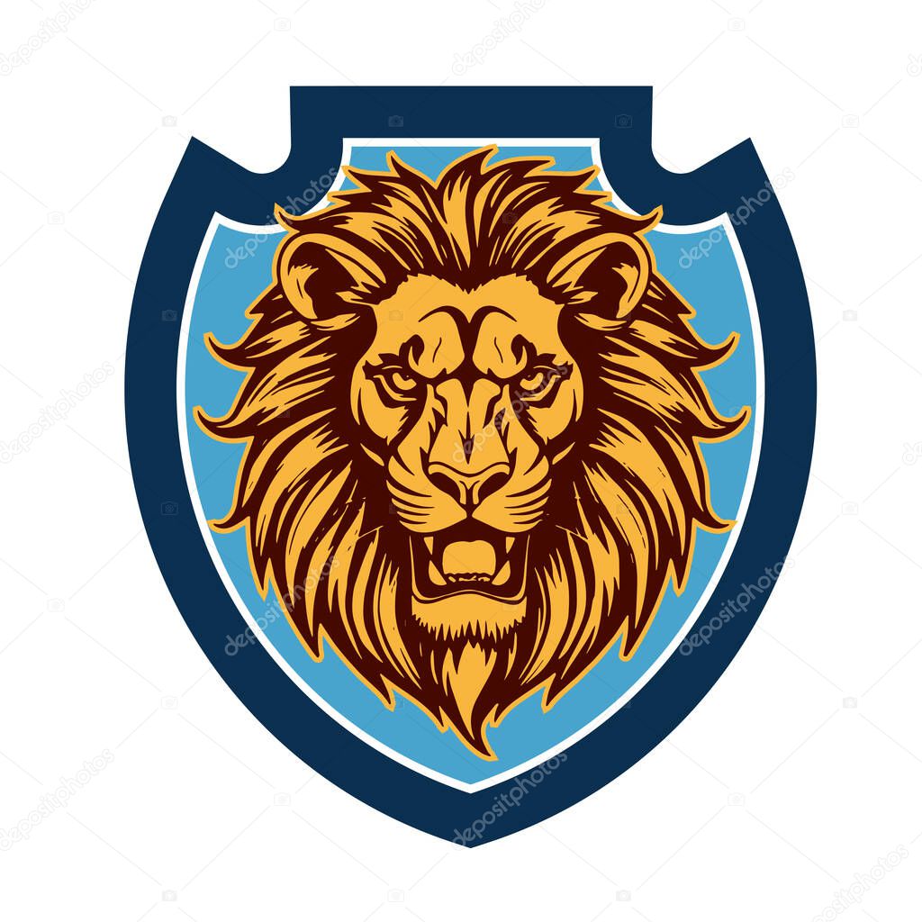 Lion Head Heraldic Shield - Mascot Emblem. Majestic Lion Shield - Warrior Emblem. Lion Head Logo - Shield Badge Concept