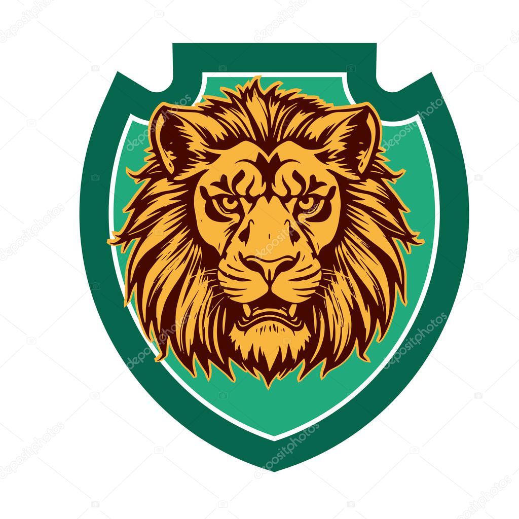 Lion Head Heraldic Shield - Mascot Emblem. Majestic Lion Shield - Warrior Emblem. Lion Head Logo - Shield Badge Concept