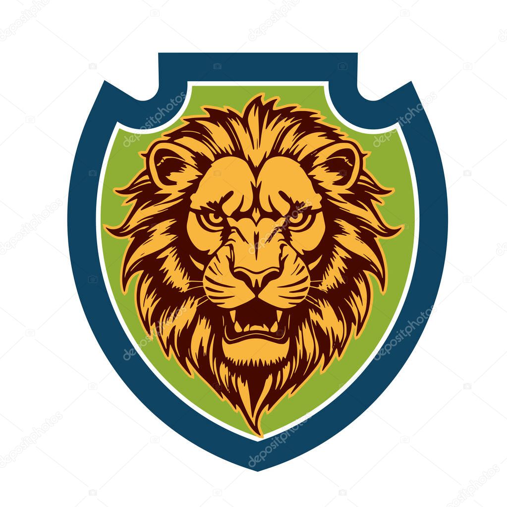 Lion Head Heraldic Shield - Mascot Emblem. Majestic Lion Shield - Warrior Emblem. Lion Head Logo - Shield Badge Concept