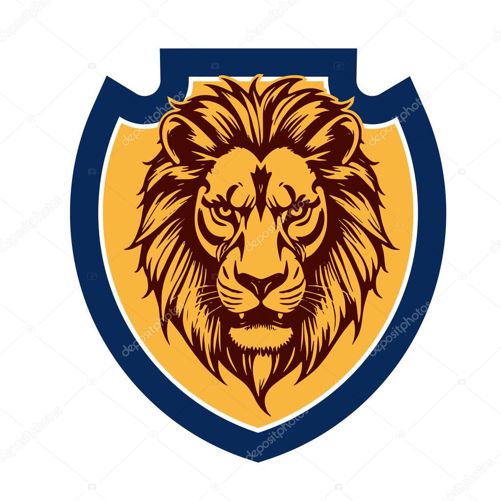 Lion Head Heraldic Shield - Mascot Emblem. Majestic Lion Shield - Warrior Emblem. Lion Head Logo - Shield Badge Concept