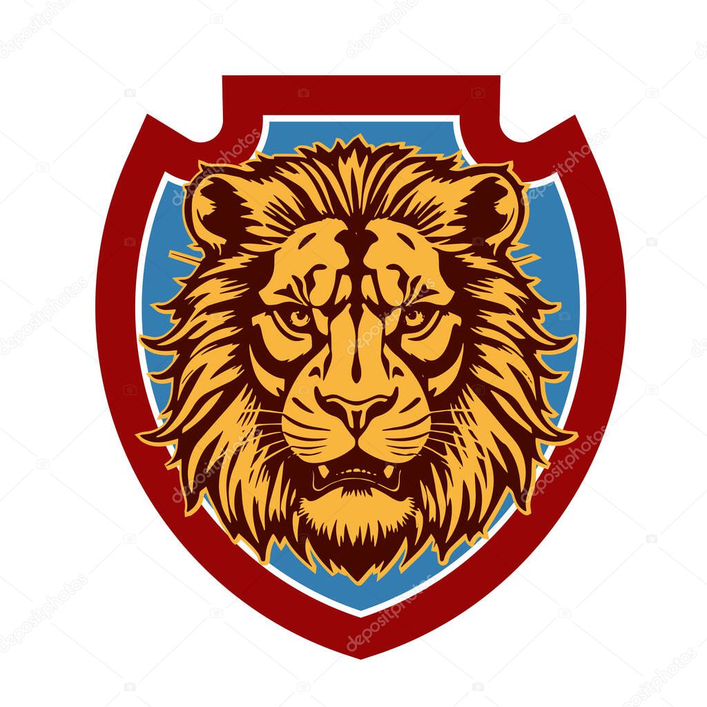 Lion Head Heraldic Shield - Mascot Emblem. Majestic Lion Shield - Warrior Emblem. Lion Head Logo - Shield Badge Concept