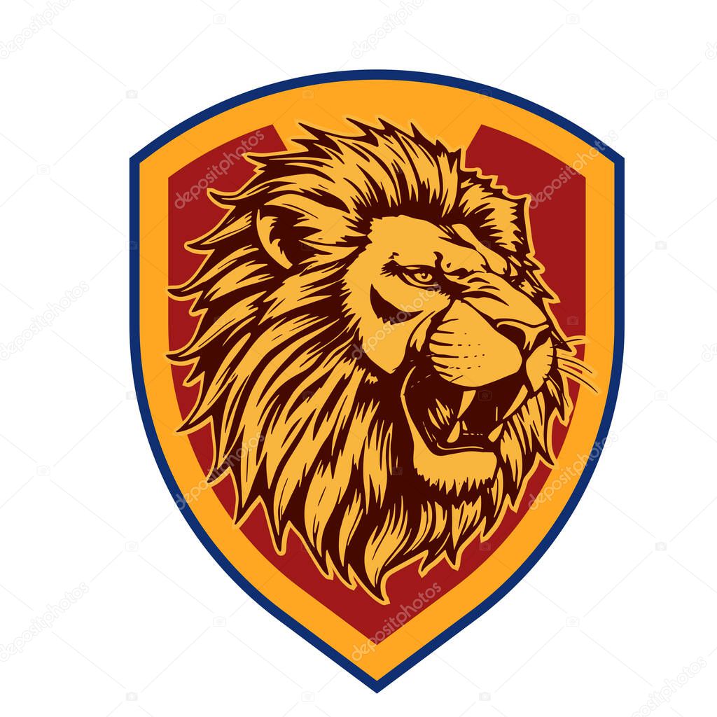 Lion Head Heraldic Shield - Mascot Emblem. Majestic Lion Shield - Warrior Emblem. Lion Head Logo - Shield Badge Concept