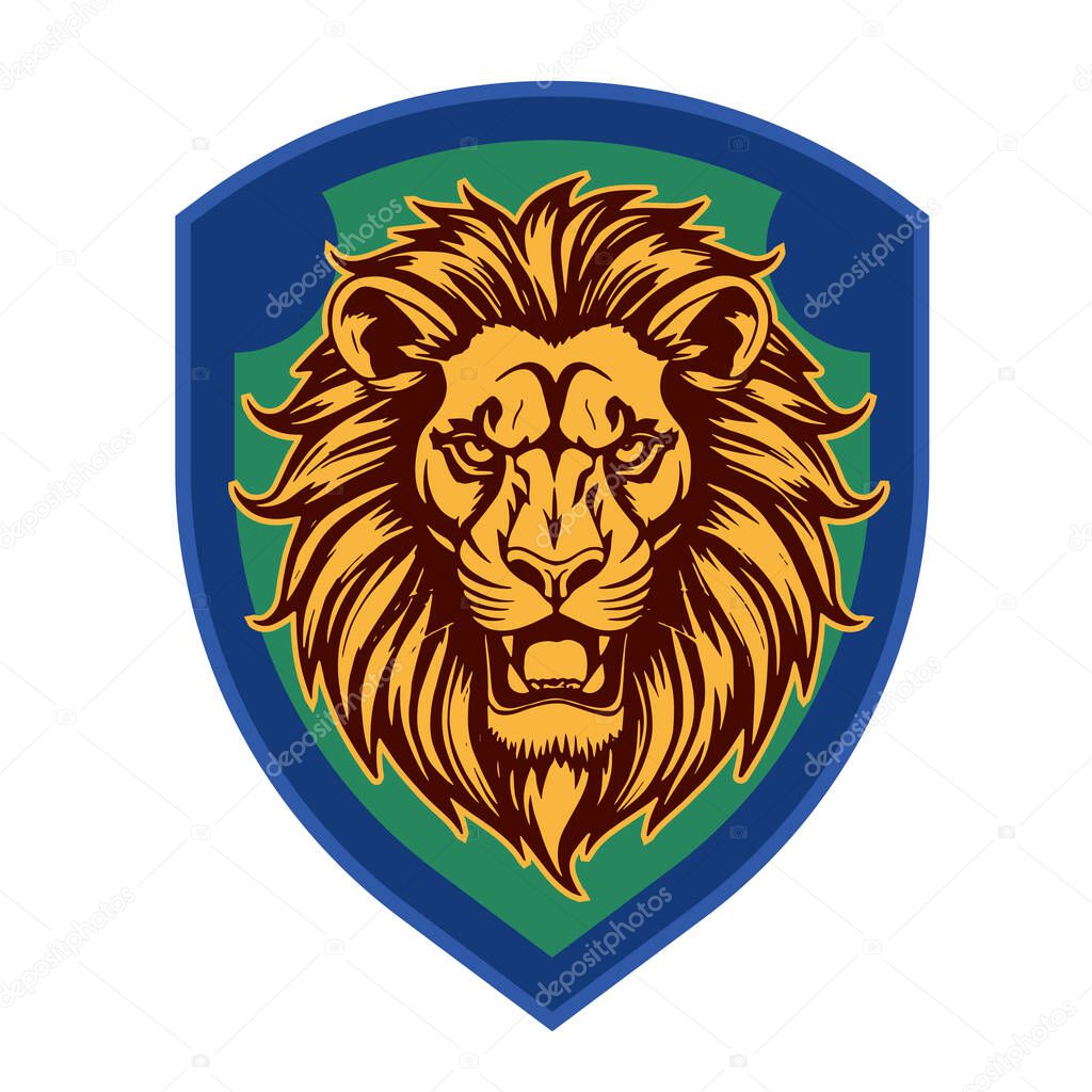 Lion Head Heraldic Shield - Mascot Emblem. Majestic Lion Shield - Warrior Emblem. Lion Head Logo - Shield Badge Concept