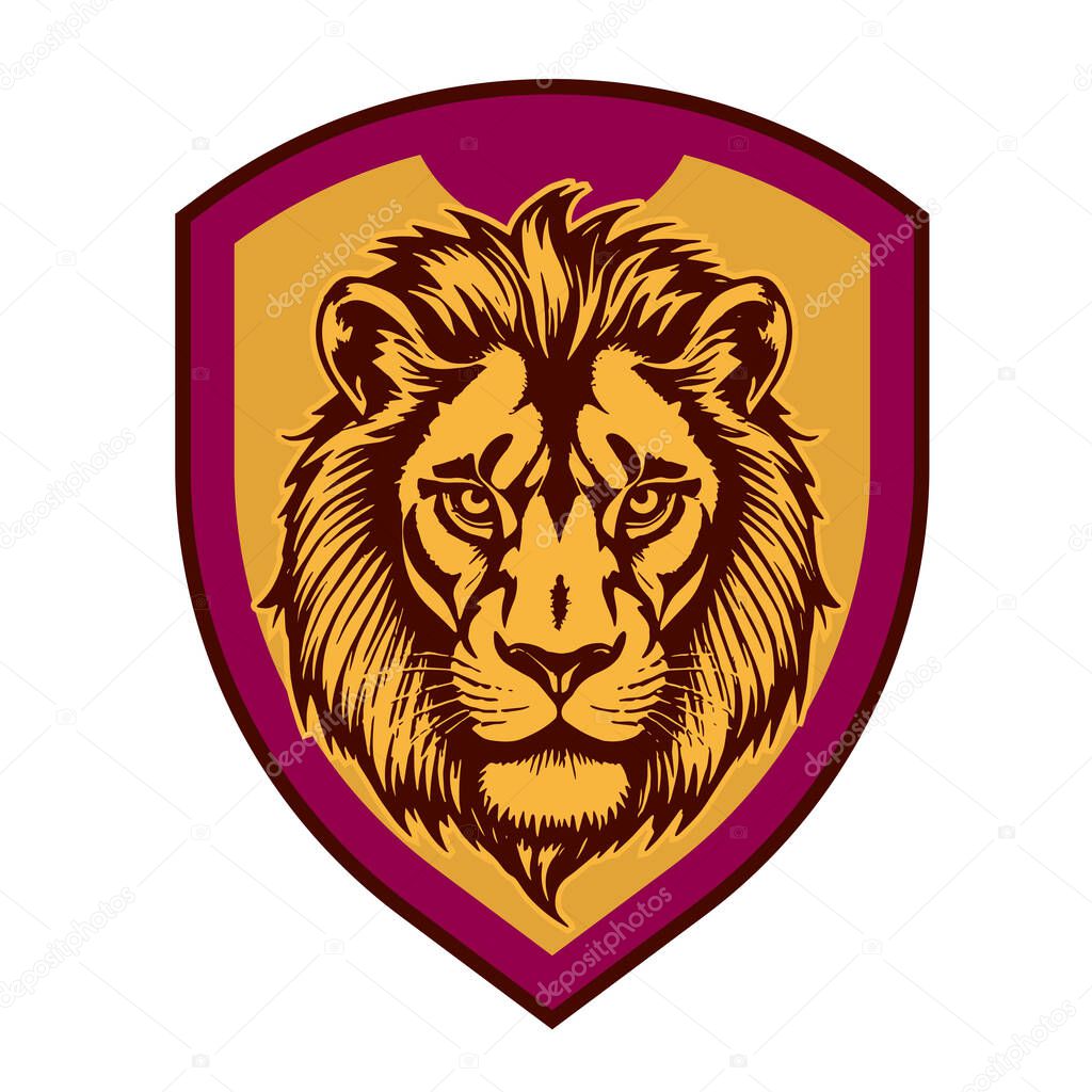 Lion Head Heraldic Shield - Mascot Emblem. Majestic Lion Shield - Warrior Emblem. Lion Head Logo - Shield Badge Concept