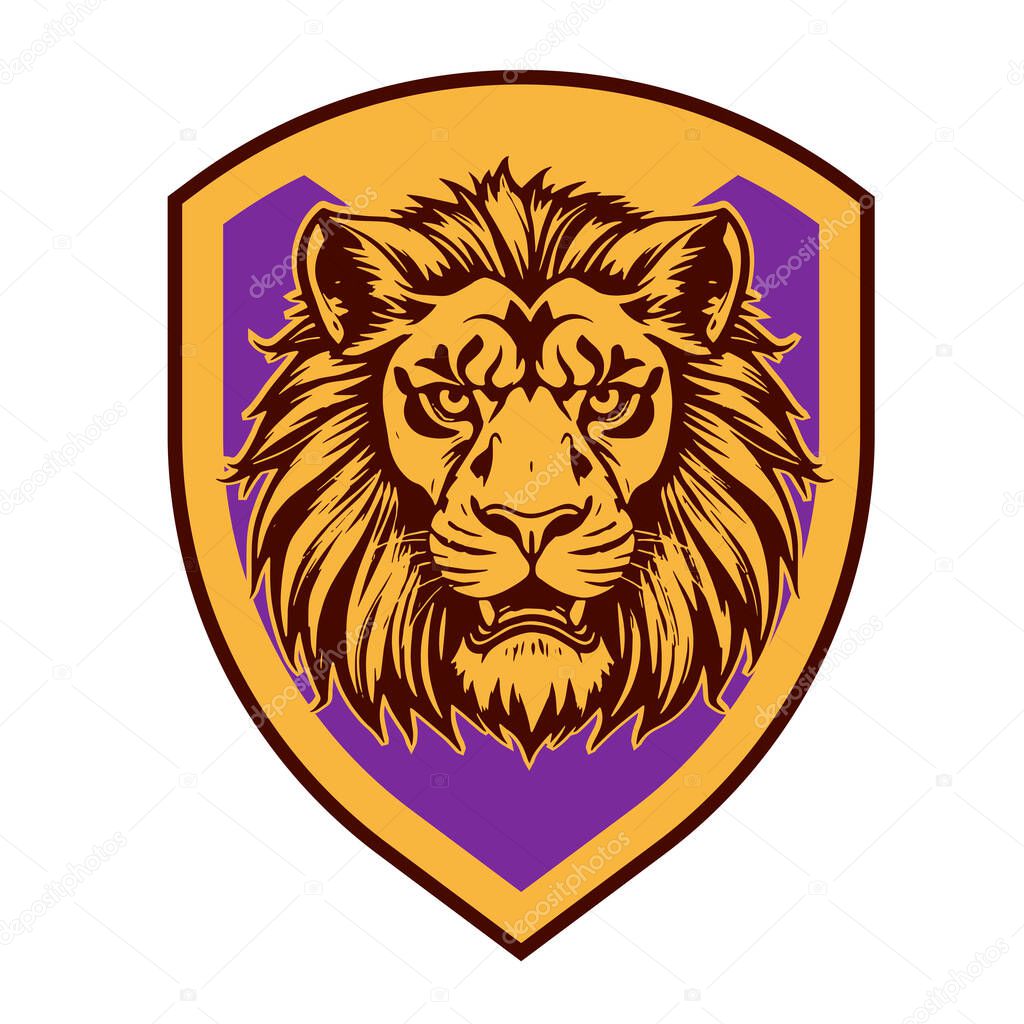 Lion Head Heraldic Shield - Mascot Emblem. Majestic Lion Shield - Warrior Emblem. Lion Head Logo - Shield Badge Concept