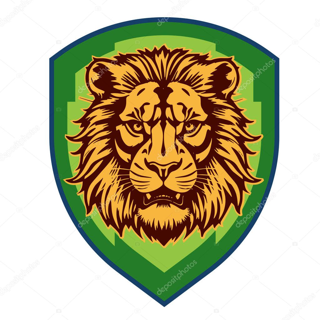 Lion Head Heraldic Shield - Mascot Emblem. Majestic Lion Shield - Warrior Emblem. Lion Head Logo - Shield Badge Concept