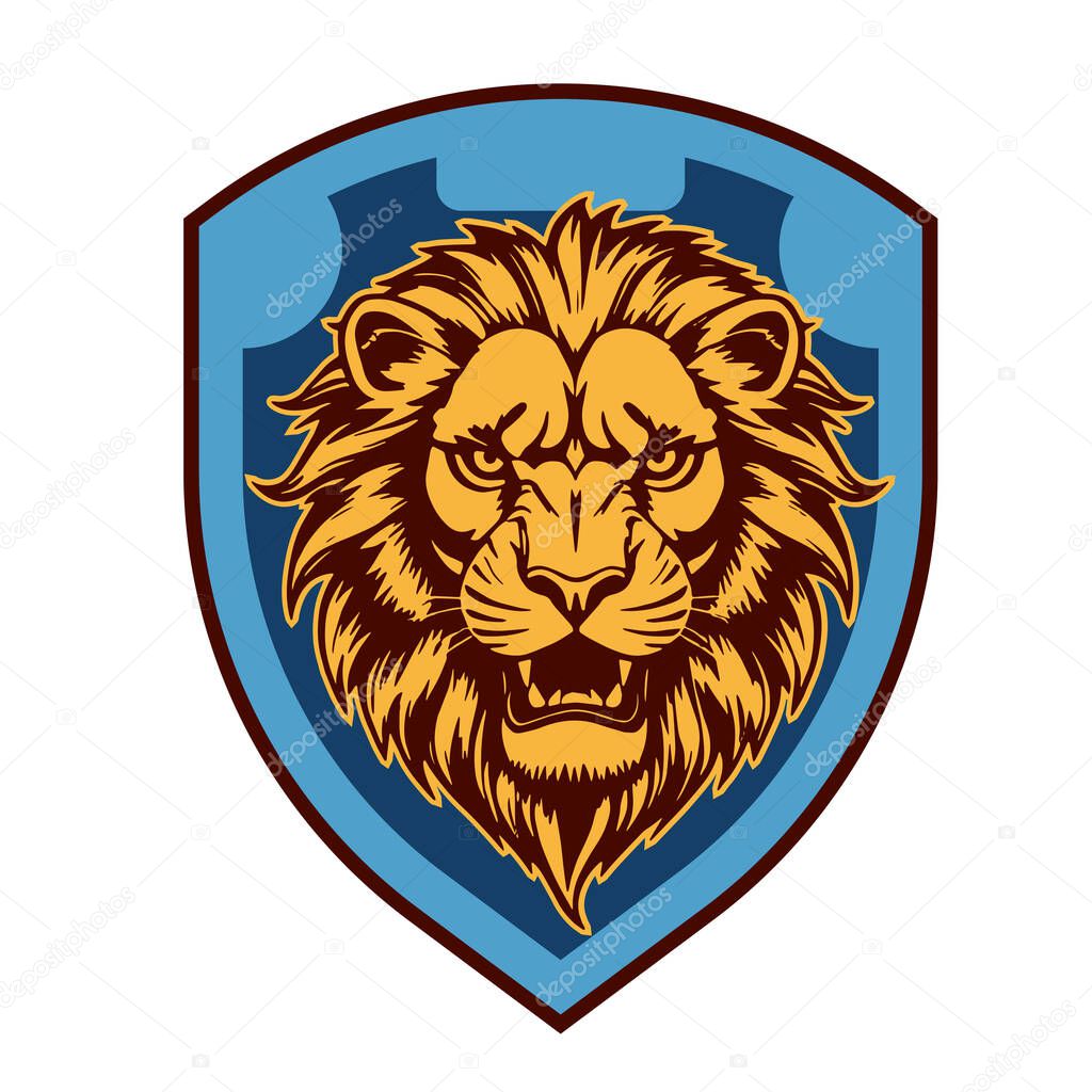 Lion Head Heraldic Shield - Mascot Emblem. Majestic Lion Shield - Warrior Emblem. Lion Head Logo - Shield Badge Concept