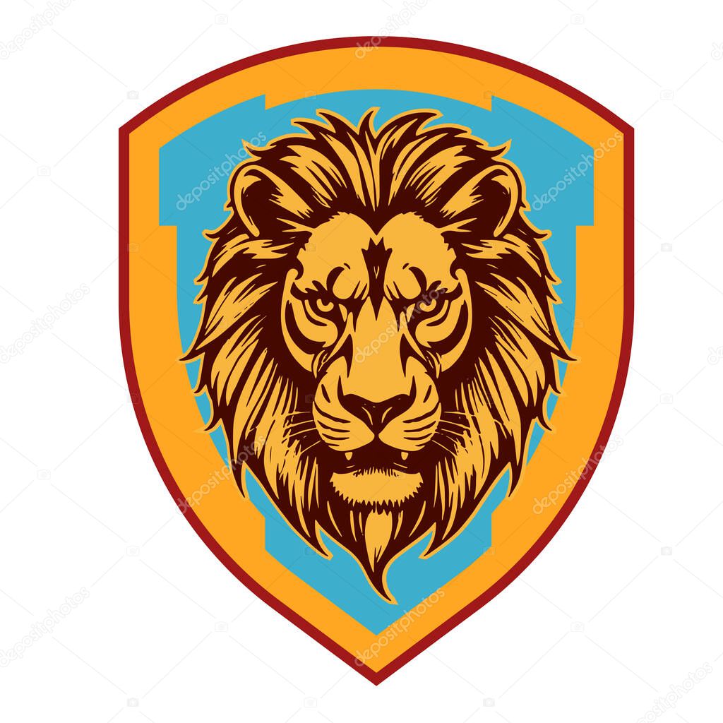 Lion Head Heraldic Shield - Mascot Emblem. Majestic Lion Shield - Warrior Emblem. Lion Head Logo - Shield Badge Concept