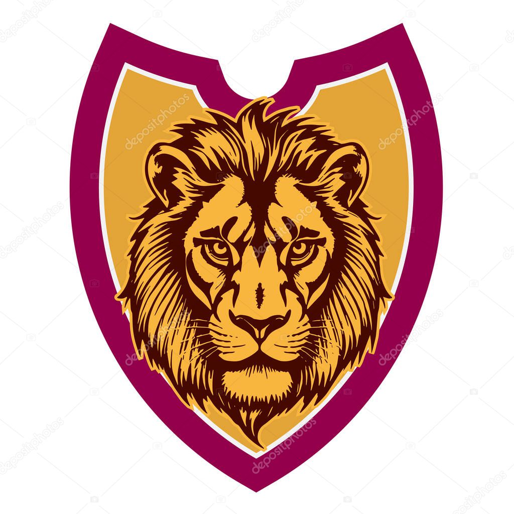 Lion Head Heraldic Shield - Mascot Emblem. Majestic Lion Shield - Warrior Emblem. Lion Head Logo - Shield Badge Concept