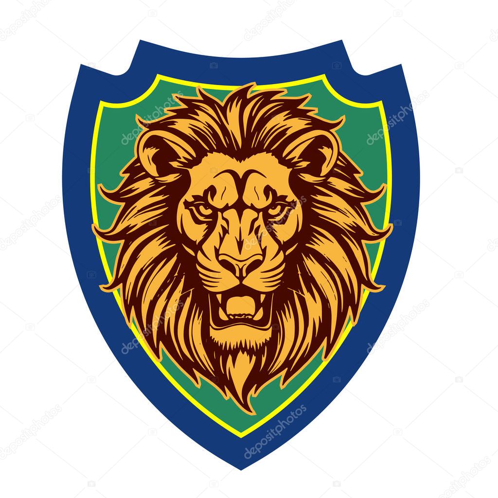 Lion Head Heraldic Shield - Mascot Emblem. Majestic Lion Shield - Warrior Emblem. Lion Head Logo - Shield Badge Concept