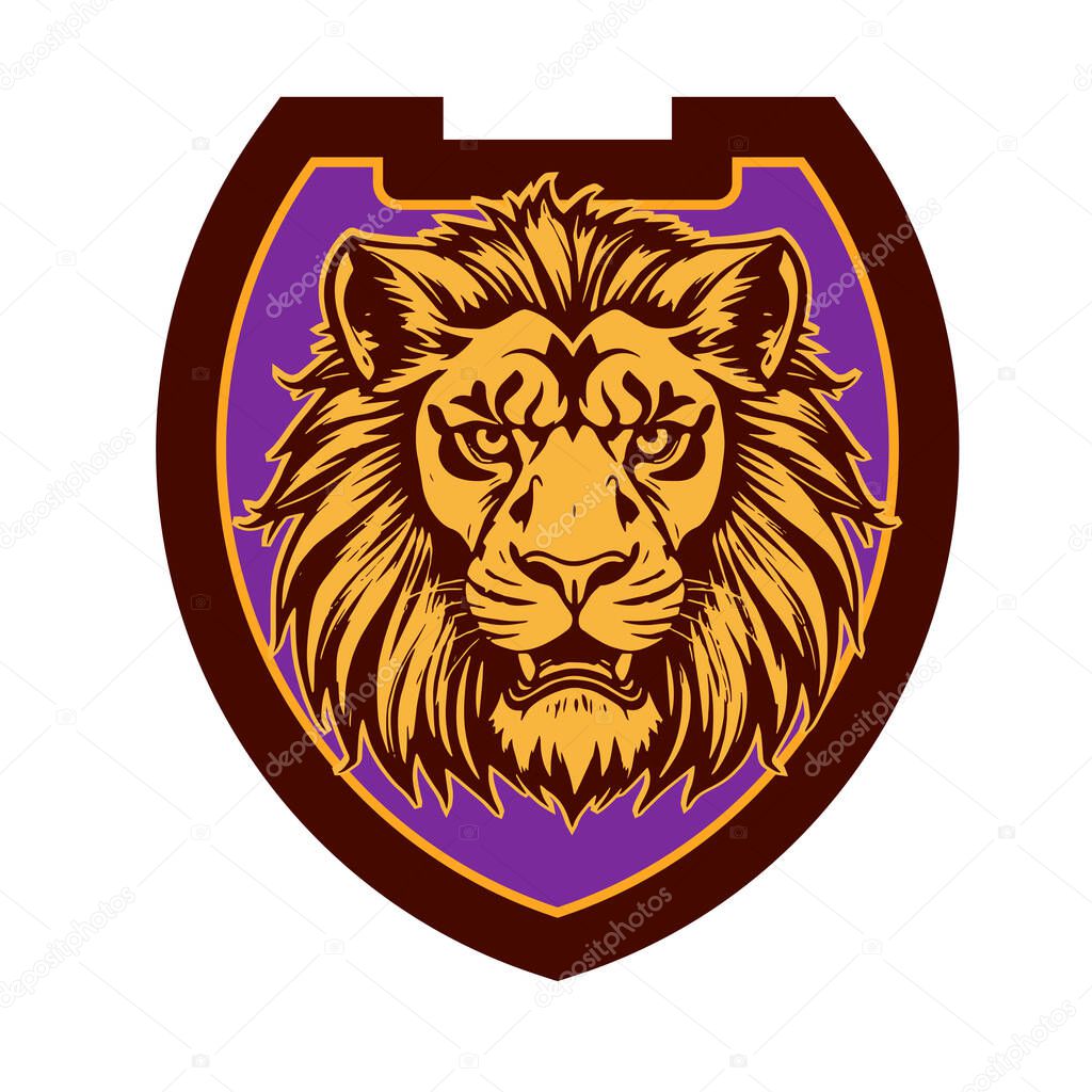 Lion Head Heraldic Shield - Mascot Emblem. Majestic Lion Shield - Warrior Emblem. Lion Head Logo - Shield Badge Concept