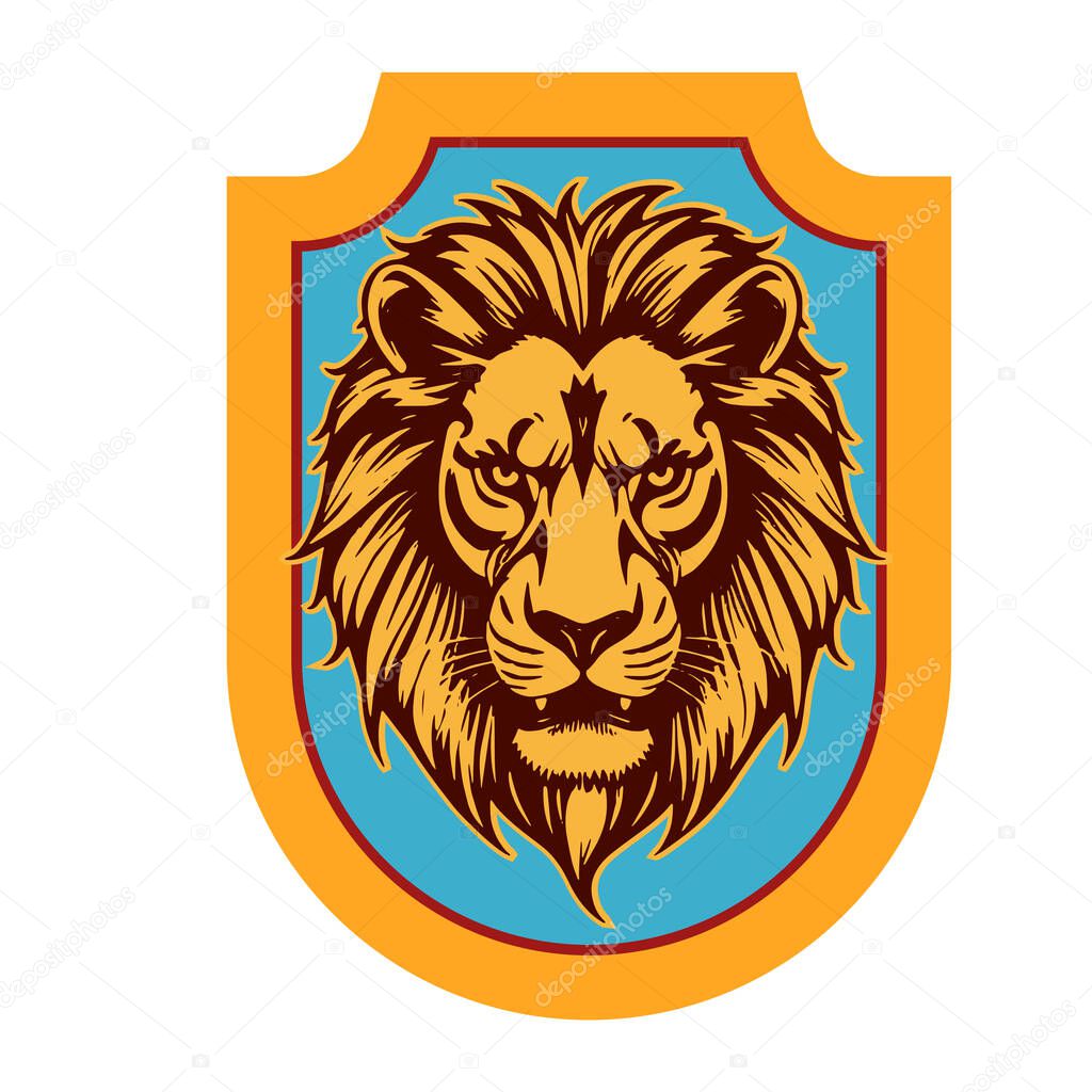 Lion Head Heraldic Shield - Mascot Emblem. Majestic Lion Shield - Warrior Emblem. Lion Head Logo - Shield Badge Concept