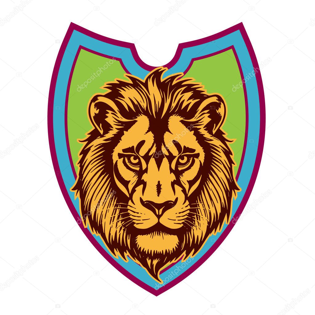 Lion Head Heraldic Shield - Mascot Emblem. Majestic Lion Shield - Warrior Emblem. Lion Head Logo - Shield Badge Concept
