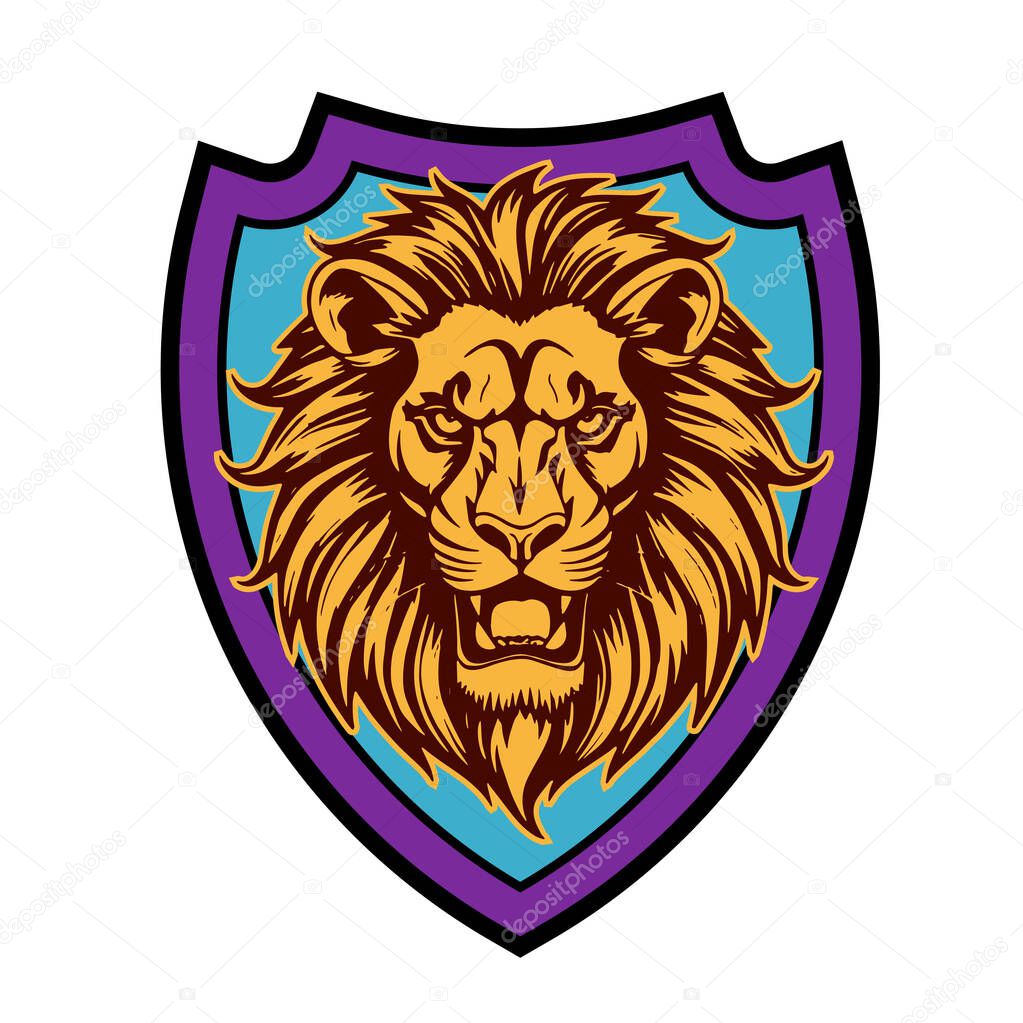Lion Head Heraldic Shield - Mascot Emblem. Majestic Lion Shield - Warrior Emblem. Lion Head Logo - Shield Badge Concept