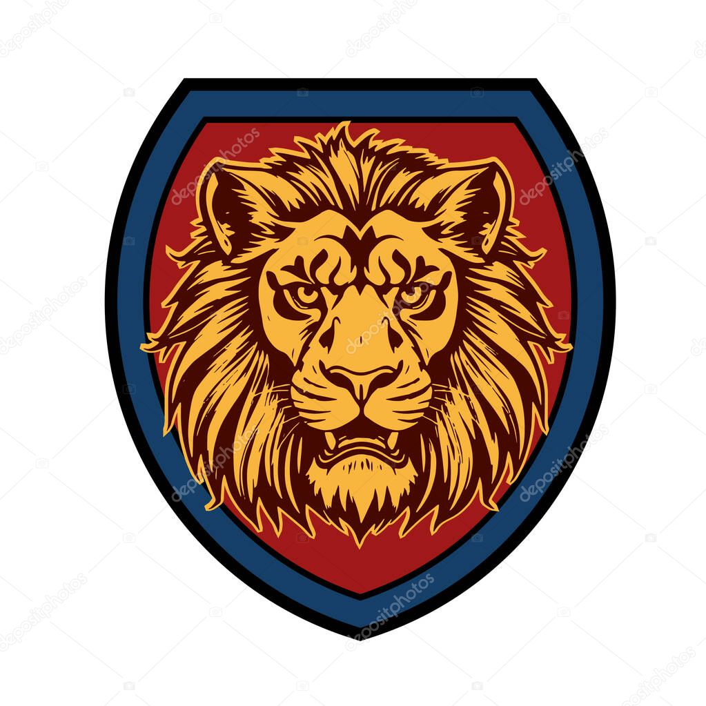 Lion Head Heraldic Shield - Mascot Emblem. Majestic Lion Shield - Warrior Emblem. Lion Head Logo - Shield Badge Concept