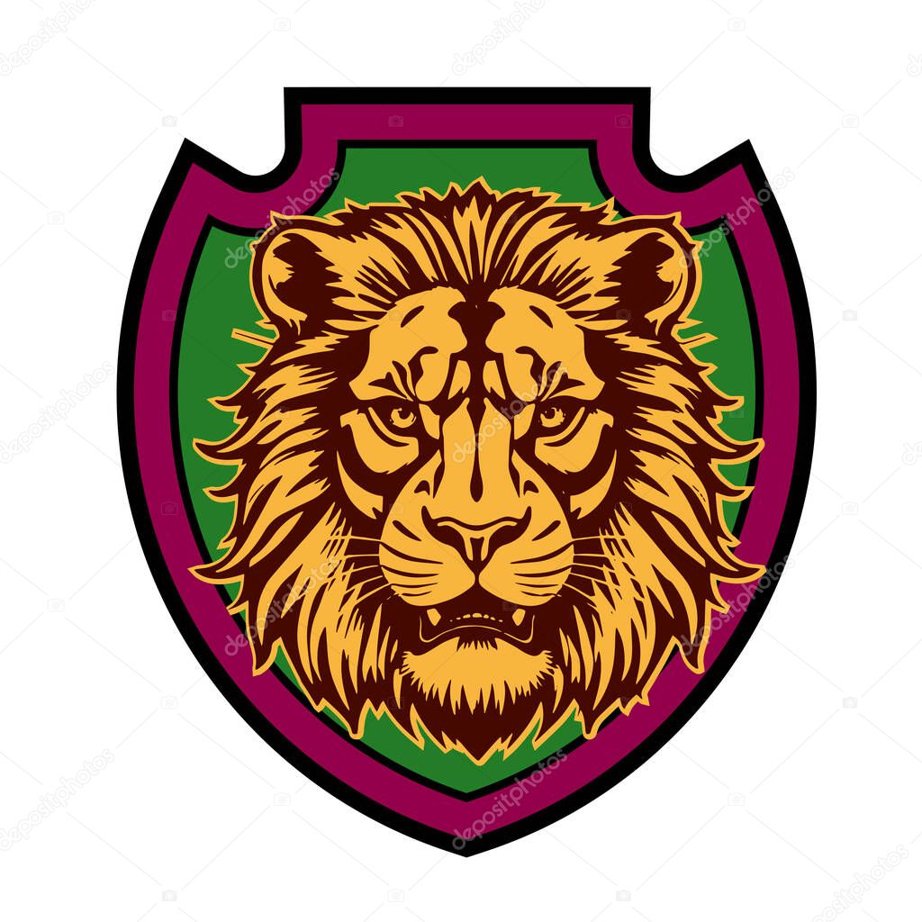 Lion Head Heraldic Shield - Mascot Emblem. Majestic Lion Shield - Warrior Emblem. Lion Head Logo - Shield Badge Concept
