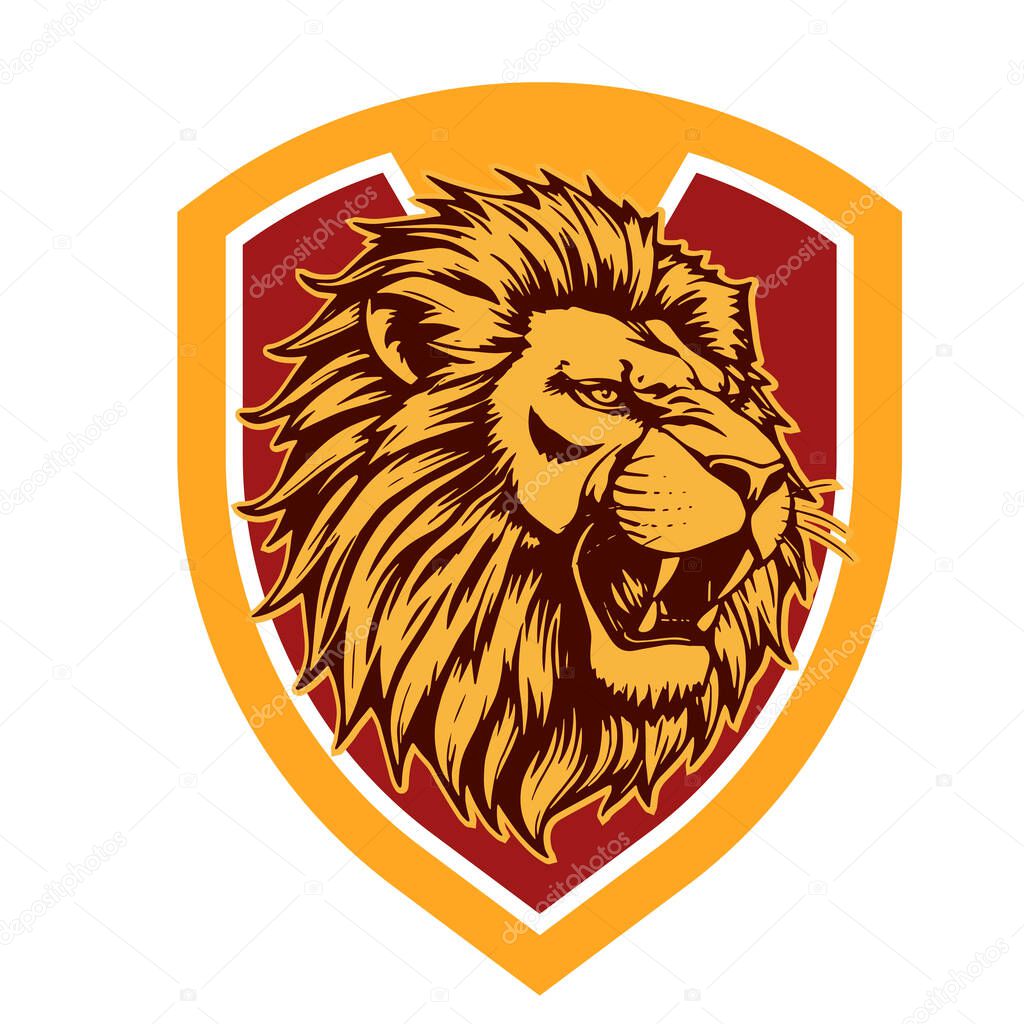Lion Head Heraldic Shield - Mascot Emblem. Majestic Lion Shield - Warrior Emblem. Lion Head Logo - Shield Badge Concept