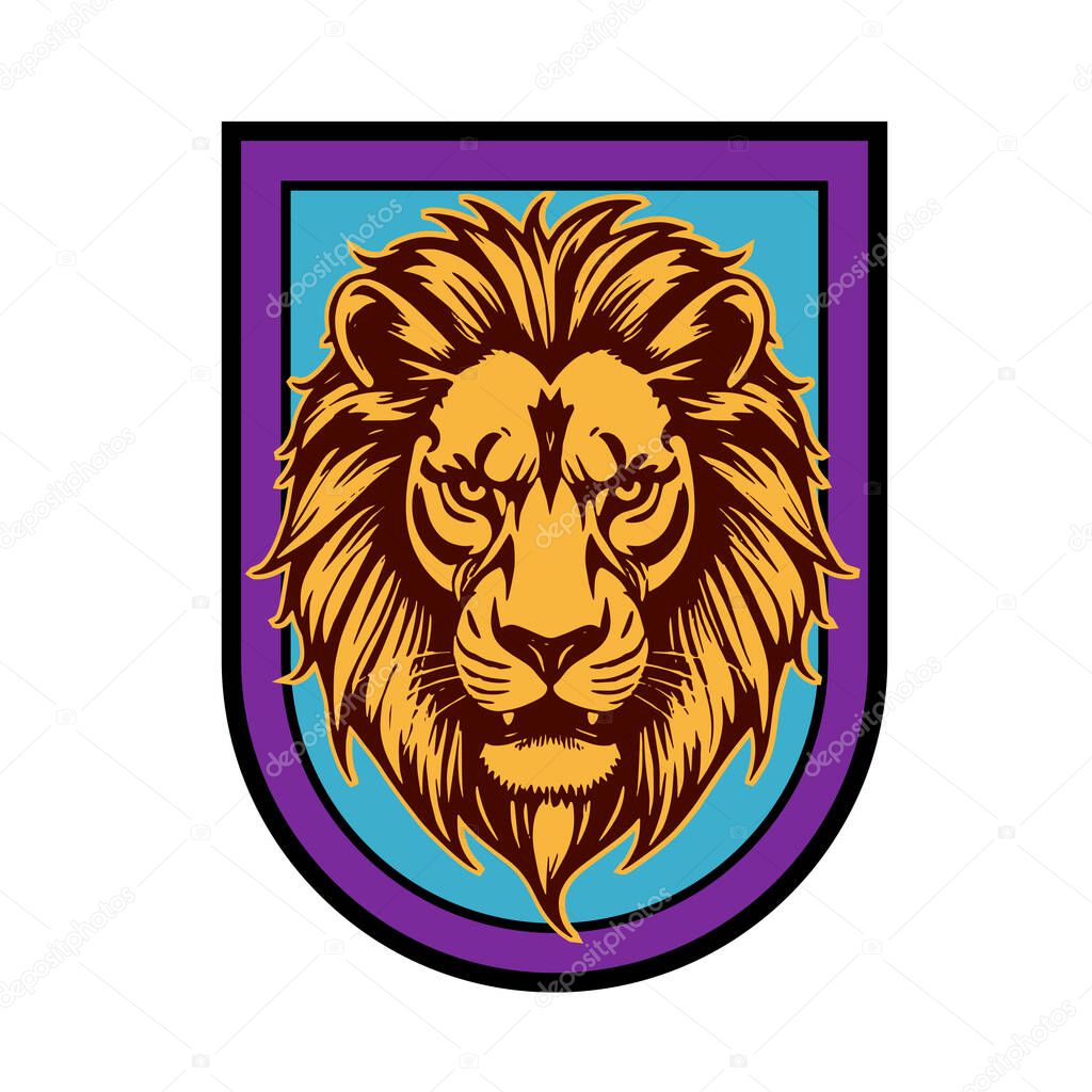 Lion Head Heraldic Shield - Mascot Emblem. Majestic Lion Shield - Warrior Emblem. Lion Head Logo - Shield Badge Concept