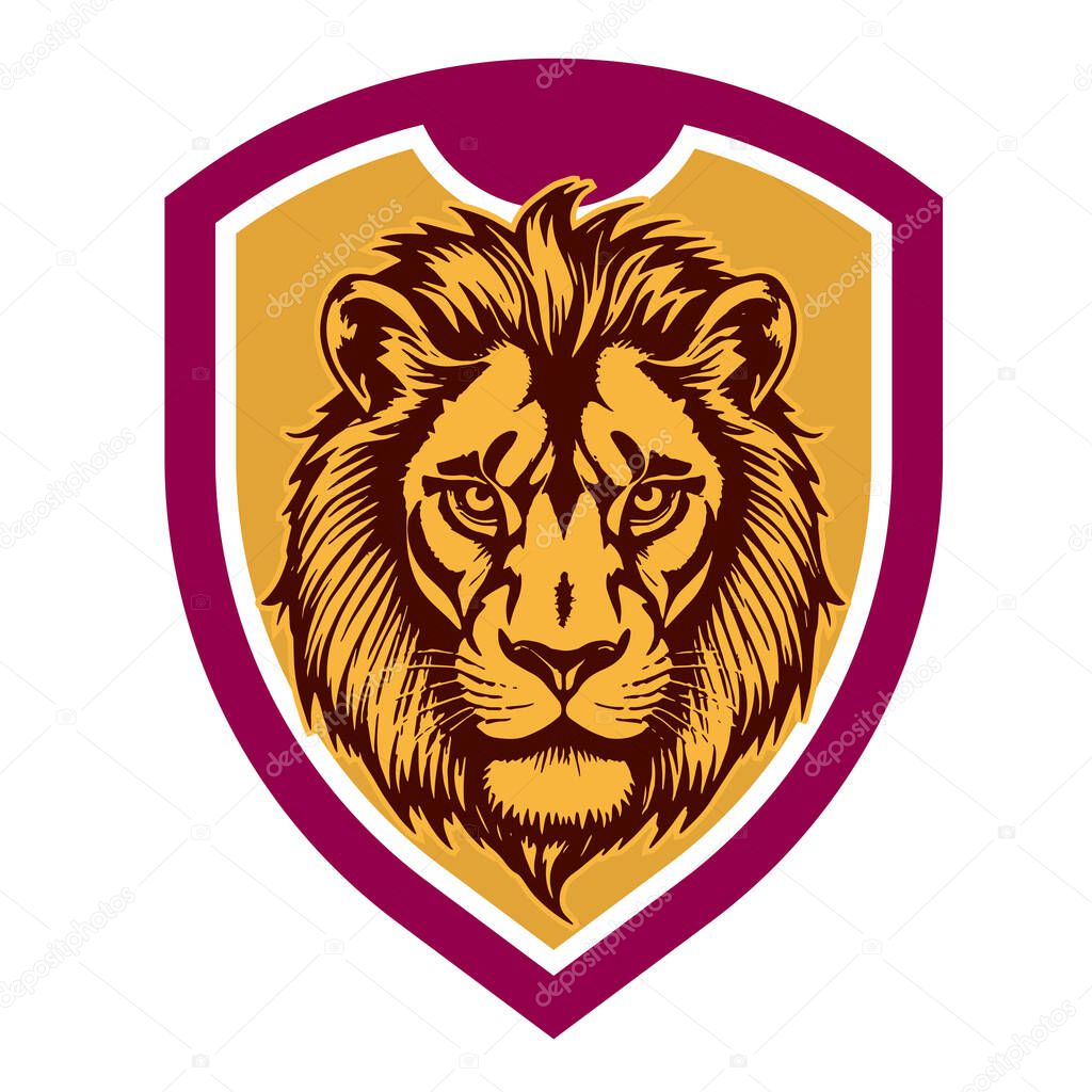 Lion Head Heraldic Shield - Mascot Emblem. Majestic Lion Shield - Warrior Emblem. Lion Head Logo - Shield Badge Concept
