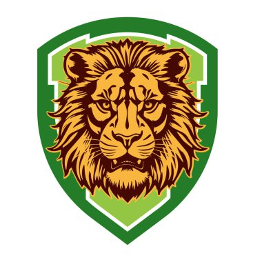 Aslan başlı Heraldik Kalkan Maskot Amblemi. Majestic Lion Shield Savaşçı Amblemi. Aslan Başı Logosu - Kalkan Rozeti Konsepti