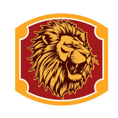 Aslan başlı Heraldik Kalkan Maskot Amblemi. Majestic Lion Shield Savaşçı Amblemi. Aslan Başı Logosu - Kalkan Rozeti Konsepti
