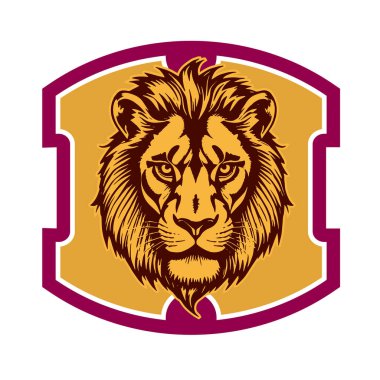 Aslan başlı Heraldik Kalkan Maskot Amblemi. Majestic Lion Shield Savaşçı Amblemi. Aslan Başı Logosu - Kalkan Rozeti Konsepti