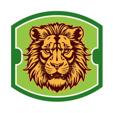 Aslan başlı Heraldik Kalkan Maskot Amblemi. Majestic Lion Shield Savaşçı Amblemi. Aslan Başı Logosu - Kalkan Rozeti Konsepti