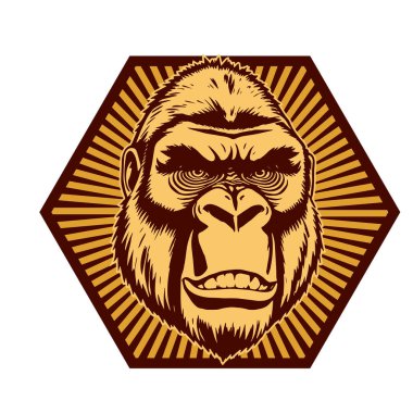 Goril Maskot Kalkanı - Kalın Hayvan Tepesi vektör çizimi. Goril Arması - Soylu Canavar Amblemi. Goril başlı amblem - Vahşi Kalkan Tasarımı. 