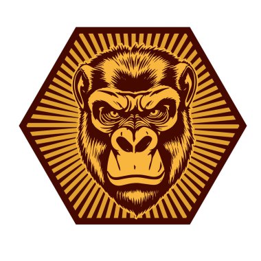 Goril Maskot Kalkanı - Kalın Hayvan Tepesi vektör çizimi. Goril Arması - Soylu Canavar Amblemi. Goril başlı amblem - Vahşi Kalkan Tasarımı. 