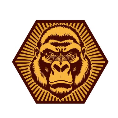 Goril Maskot Kalkanı - Kalın Hayvan Tepesi vektör çizimi. Goril Arması - Soylu Canavar Amblemi. Goril başlı amblem - Vahşi Kalkan Tasarımı. 