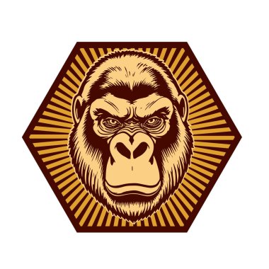 Goril Maskot Kalkanı - Kalın Hayvan Tepesi vektör çizimi. Goril Arması - Soylu Canavar Amblemi. Goril başlı amblem - Vahşi Kalkan Tasarımı. 