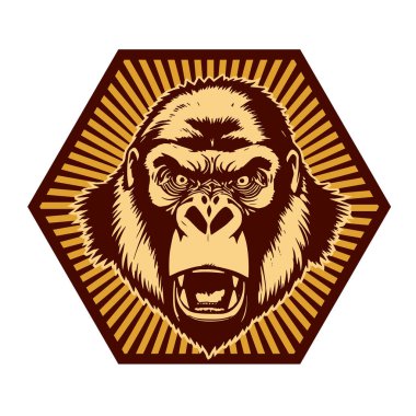 Goril Maskot Kalkanı - Kalın Hayvan Tepesi vektör çizimi. Goril Arması - Soylu Canavar Amblemi. Goril başlı amblem - Vahşi Kalkan Tasarımı. 