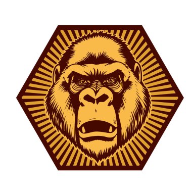 Goril Maskot Kalkanı - Kalın Hayvan Tepesi vektör çizimi. Goril Arması - Soylu Canavar Amblemi. Goril başlı amblem - Vahşi Kalkan Tasarımı. 