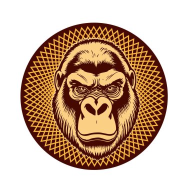 Goril Maskot Kalkanı - Kalın Hayvan Tepesi vektör çizimi. Goril Arması - Soylu Canavar Amblemi. Goril başlı amblem - Vahşi Kalkan Tasarımı. 