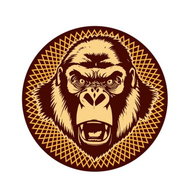 Goril Maskot Kalkanı - Kalın Hayvan Tepesi vektör çizimi. Goril Arması - Soylu Canavar Amblemi. Goril başlı amblem - Vahşi Kalkan Tasarımı. 