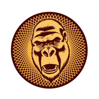Goril Maskot Kalkanı - Kalın Hayvan Tepesi vektör çizimi. Goril Arması - Soylu Canavar Amblemi. Goril başlı amblem - Vahşi Kalkan Tasarımı. 