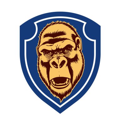 Canavar Amblemi. Goril başlı amblem - Vahşi Kalkan Tasarımı. Goril Arması - Soylu Canavar Amblemi. Goril Maskot Kalkanı - Kalın Hayvan Tepesi vektör çizimi. 