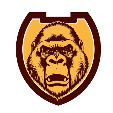 Goril Arması - Soylu Canavar Amblemi. Goril başlı amblem - Vahşi Kalkan Tasarımı. Goril Maskot Kalkanı - Kalın Hayvan Tepesi vektör çizimi.