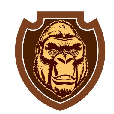 Goril Arması - Soylu Canavar Amblemi. Goril başlı amblem - Vahşi Kalkan Tasarımı. Goril Maskot Kalkanı - Kalın Hayvan Tepesi vektör çizimi.