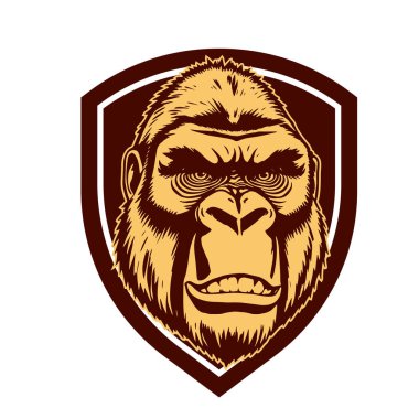 Goril Arması - Soylu Canavar Amblemi. Goril başlı amblem - Vahşi Kalkan Tasarımı. Goril Maskot Kalkanı - Kalın Hayvan Tepesi vektör çizimi.