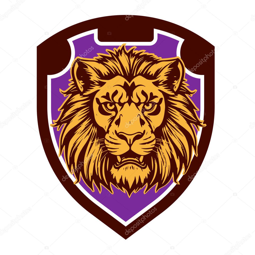 Lion Head Heraldic Shield - Mascot Emblem. Majestic Lion Shield - Warrior Emblem. Lion Head Logo - Shield Badge Concept