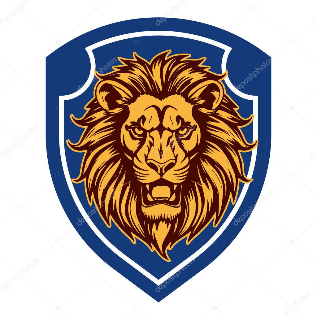 Lion Head Heraldic Shield - Mascot Emblem. Majestic Lion Shield - Warrior Emblem. Lion Head Logo - Shield Badge Concept