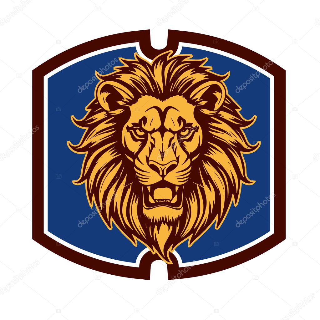 Lion Head Heraldic Shield - Mascot Emblem. Majestic Lion Shield - Warrior Emblem. Lion Head Logo - Shield Badge Concept