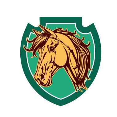 At Başı Logosu - Zarif Kalkan Vektör Sanatı. Aygır Kalkanı Rozeti - Güçlü At Sembolü. Binicilik Kalkanı Tasarımı - Beygir Gücü Amblemi. 