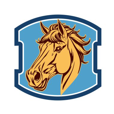 At Başı Logosu - Zarif Kalkan Vektör Sanatı. Binicilik Kalkanı Tasarımı - Beygir Gücü Amblemi. Aygır Kalkanı Rozeti - Güçlü Atlı Sembolü. 