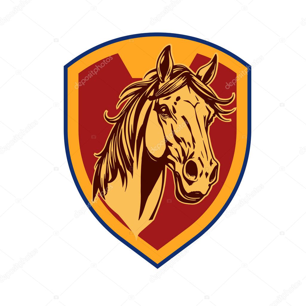 Equestrian Shield Design - Horsepower Emblem. Horse Head Logo - Elegant Shield Vector Art. Stallion Shield Badge - Powerful Equine Symbol.