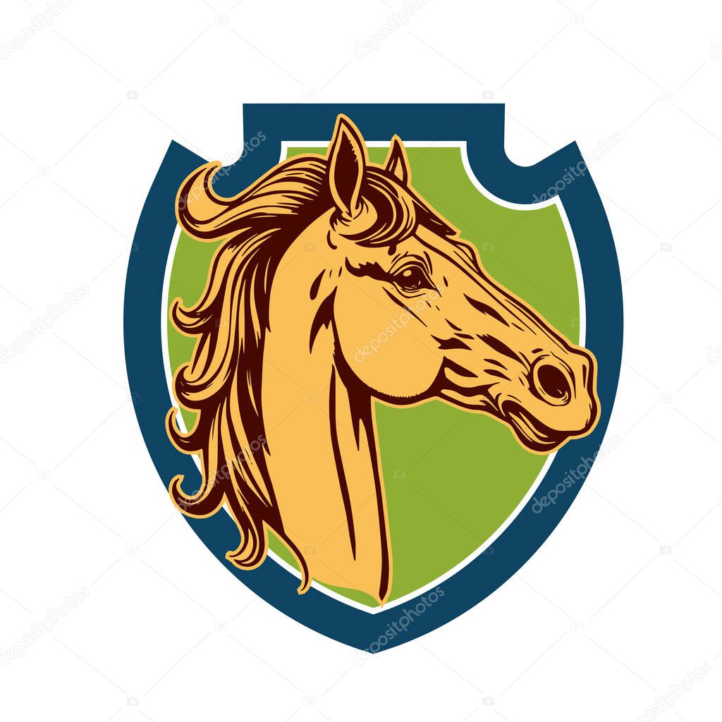 Horse Head Logo - Elegant Shield Vector Art. Equestrian Shield Design - Horsepower Emblem. Stallion Shield Badge - Powerful Equine Symbol.