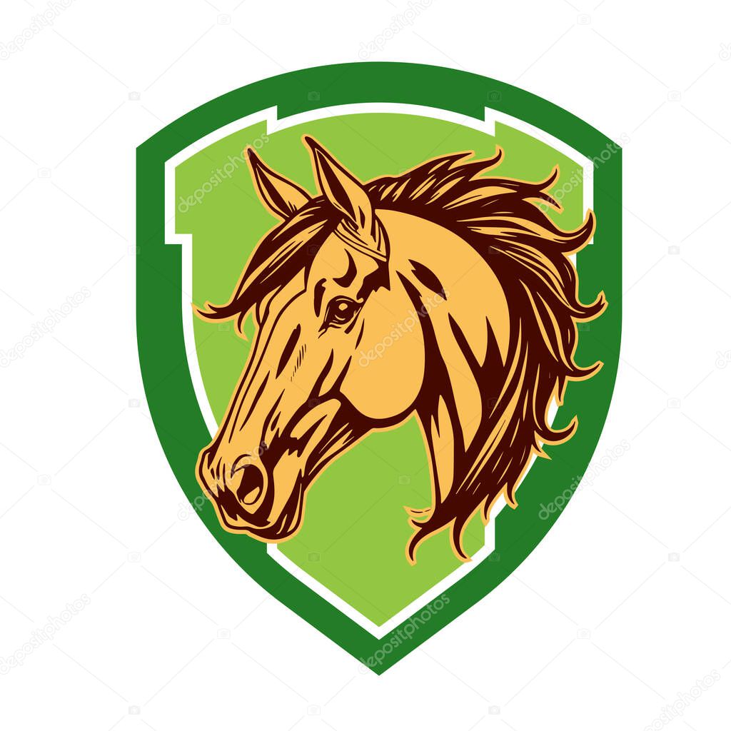 Horse Head Logo - Elegant Shield Vector Art. Equestrian Shield Design - Horsepower Emblem. Stallion Shield Badge - Powerful Equine Symbol.