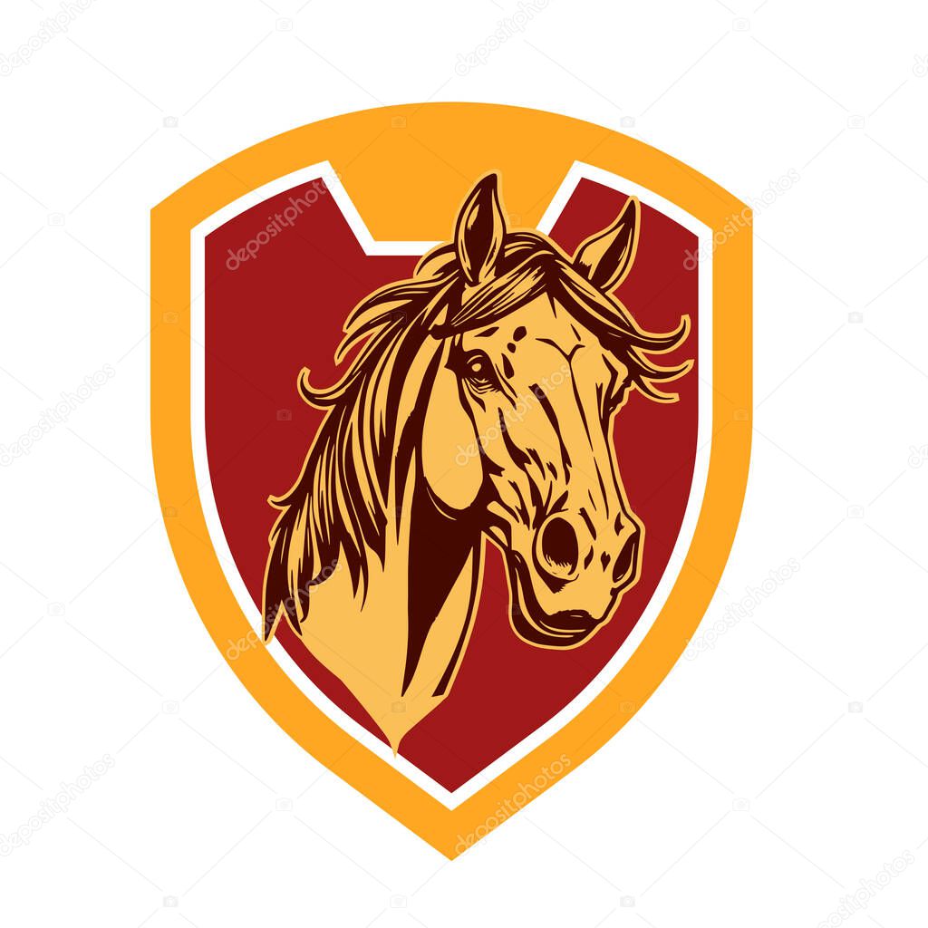 Horse Head Logo - Elegant Shield Vector Art. Equestrian Shield Design - Horsepower Emblem. Stallion Shield Badge - Powerful Equine Symbol.